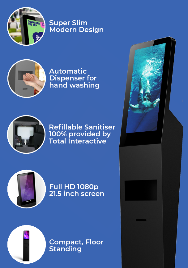 Product Breakdown - removeable drip tray, refillable sanitiser. 100% provided by Total Interactive, Automatic Soap Dispenser, Wall mounted or Floor standing