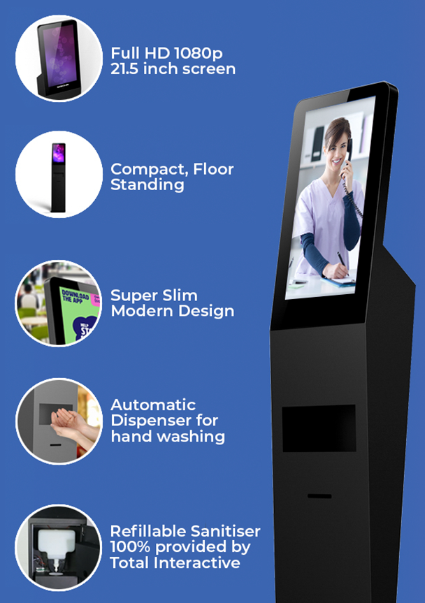 Product Breakdown - removeable drip tray, refillable sanitiser. 100% provided by Total Interactive, Automatic Soap Dispenser, Wall mounted or Floor standing